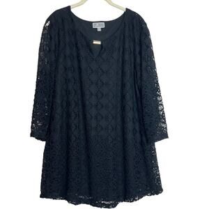 JM Collection Womens Tunic Top XL Black Crochet Lace Overlay Lined 3/4 Sleeves